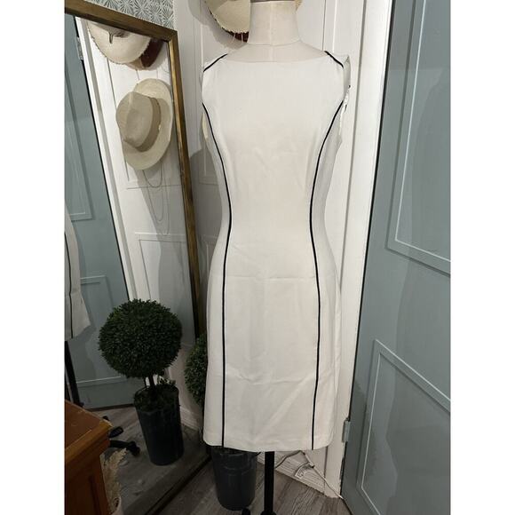 WHITE HOUSE-BLACK MARKET Size 2 Black White Piping Sheath Dress In Ecru EUC - Picture 2 of 8